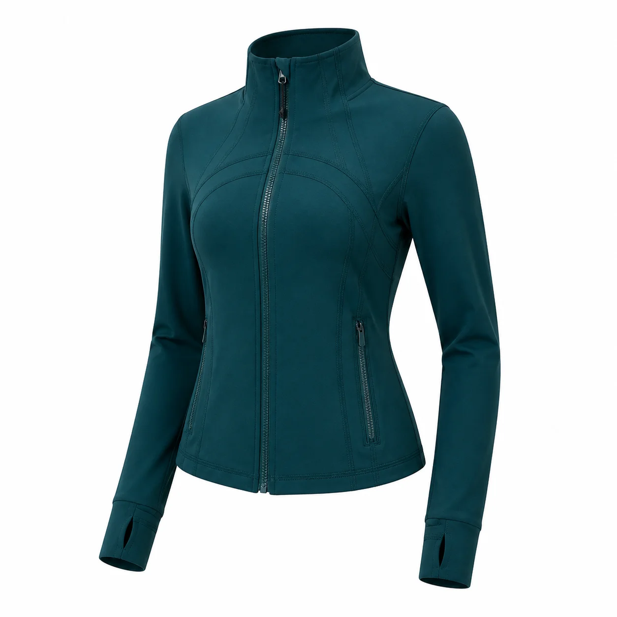 Women's Deep Teal Slim Fit Full Zip Sports Jacket Stand Collar Long Sleeve Thumbhole Workout Running Yoga Outerwear
