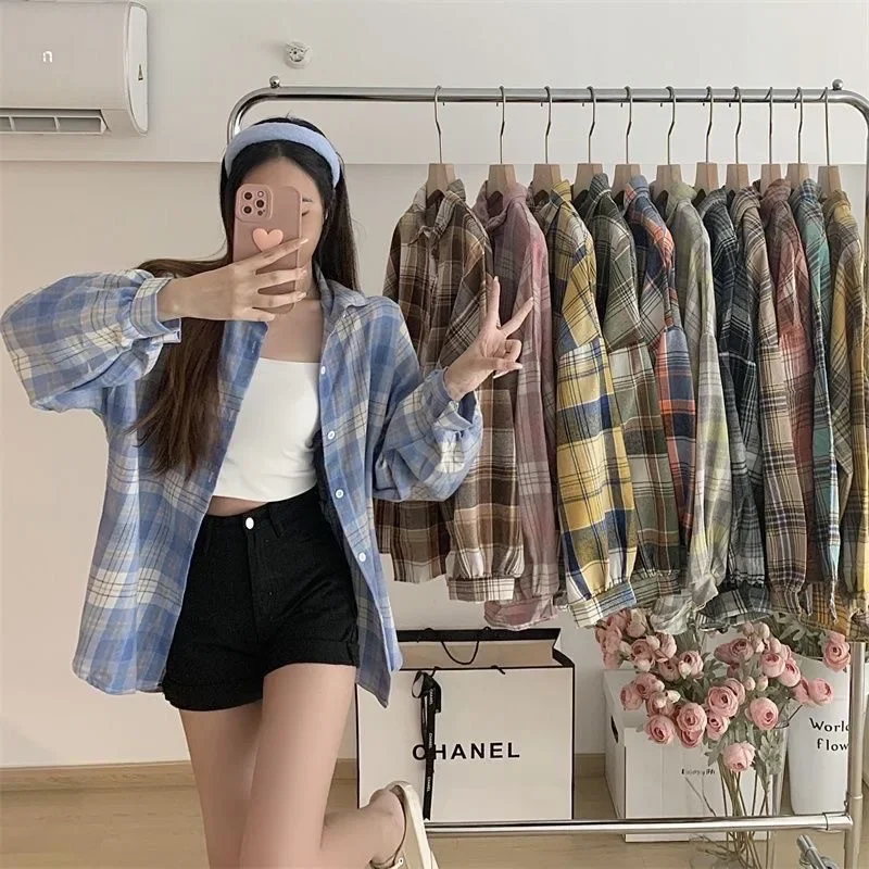 2025 new lazy style retro plaid shirt women's spring and autumn niche design shirt jacket casual top