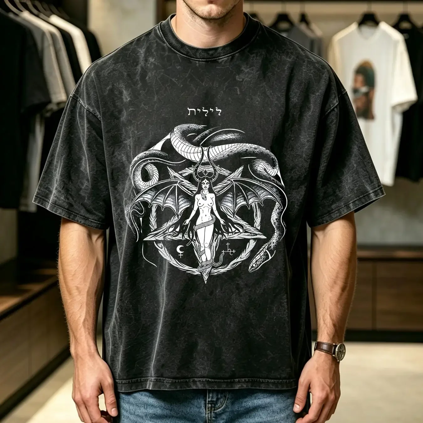 washed T Shirt NEW LIMITED Lilith Female Devil Pagan Ouroboros long or short sleeves vintage Washed Casual Comfortable