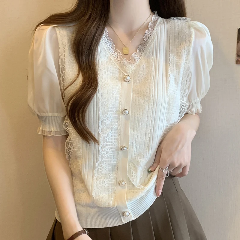 Spring Summer Thin Short Sleeved Chiffon Top Vintage V-neck Lace Pearl Buttons Top Rib Elastic Pleated Women Casual Office Shirt