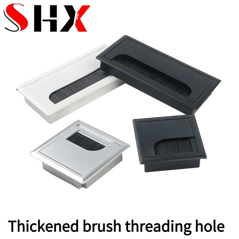 Square Aluminum-like ABS Plastic Wire Hole Cover with Brush Wire Threading Box for Computer Office Desk Conference Table Wiring