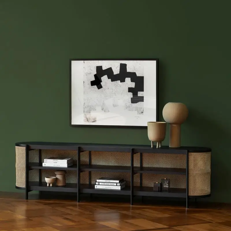 Nordic Retro Solid Wood TV Cabinet Natural Rattan Living Room Storage Floor Cabinet