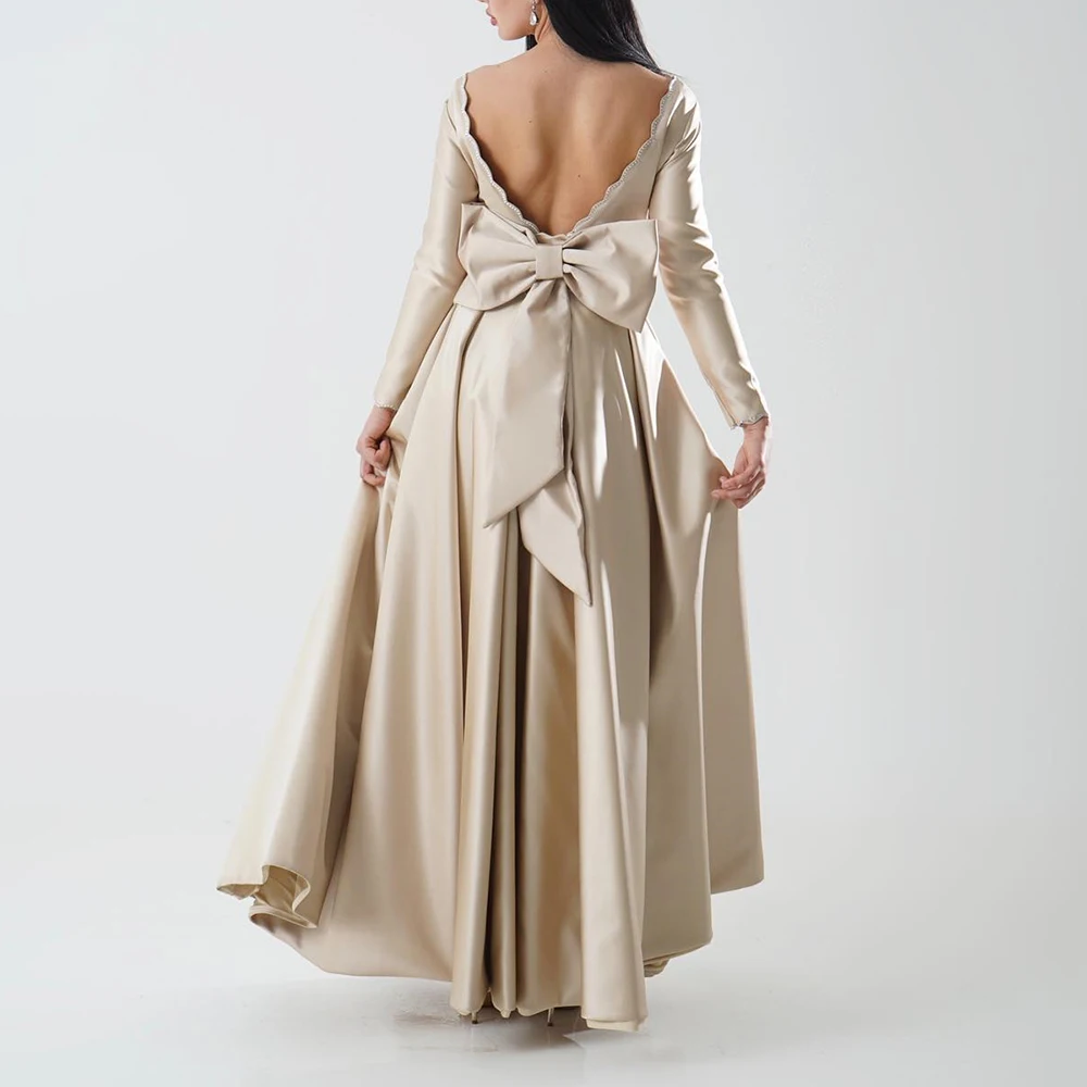 Customized Delicate Satin Crystal 3D Bow Evening Dress High Quality Backless Open Back Long Sleeves Bespoke Occasion Gowns