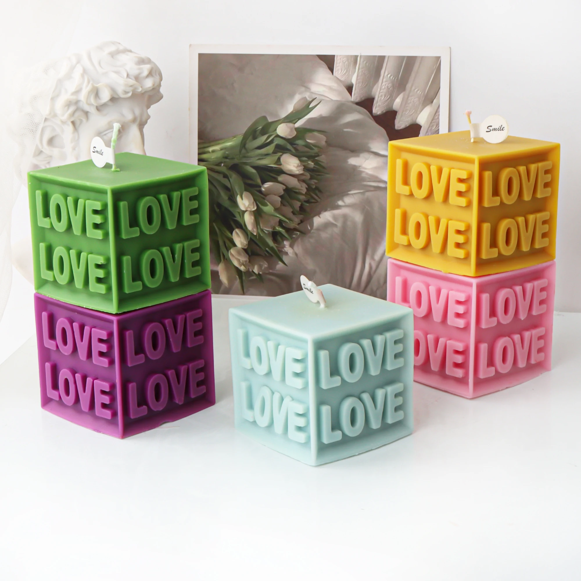 Geometrische zylindrische Würfel Silikon Kerze Form Buchstabe LIEBE Relief Seife Gips Harz Formen Valentinstag Hochzeit Party Dekor