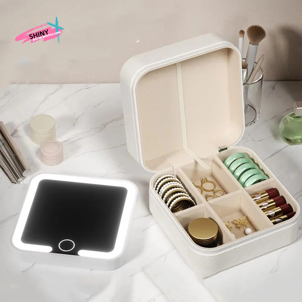 

Detachable Jewelry Box with Mirror Portable 3-Color Light Travel Jewelry Organizer Large-capacity Zipper Closure