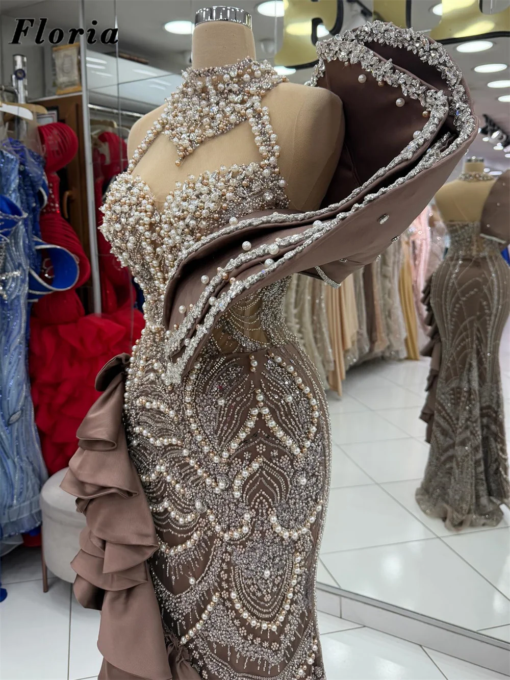 Customized Brown Celebrity Dresses Plus Size Beaded Crystals Evening Dresses Mermaid Cocktail Party Gowns Vestidos De Gala