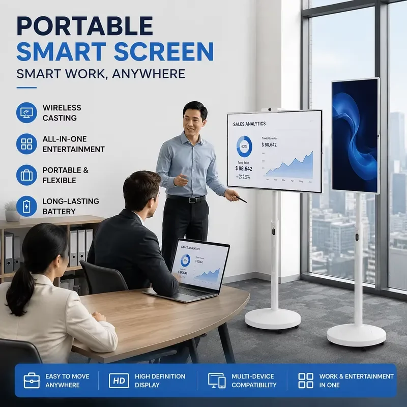 BOLRZO 32-Inch Portable Android Smart Display TV with Wheels Touch Screen Mobile Display for Office and Meeting Rooms