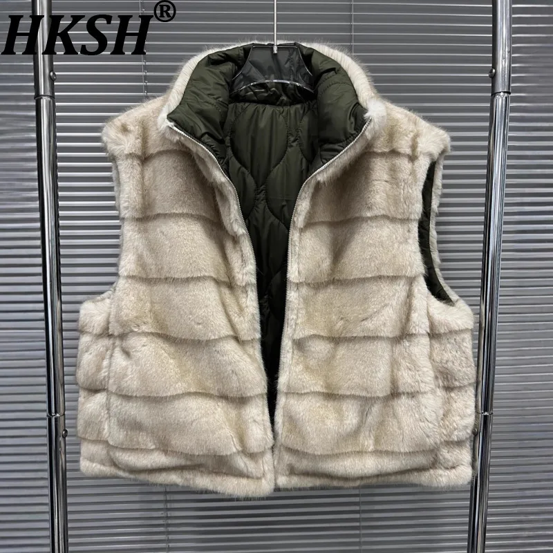 

HKSH Autumn Winter New Women Warm Waistcoat Reversible Faux Fur Stand Collar Zipper Versatile Thicken Cotton-padded Tops HK16657
