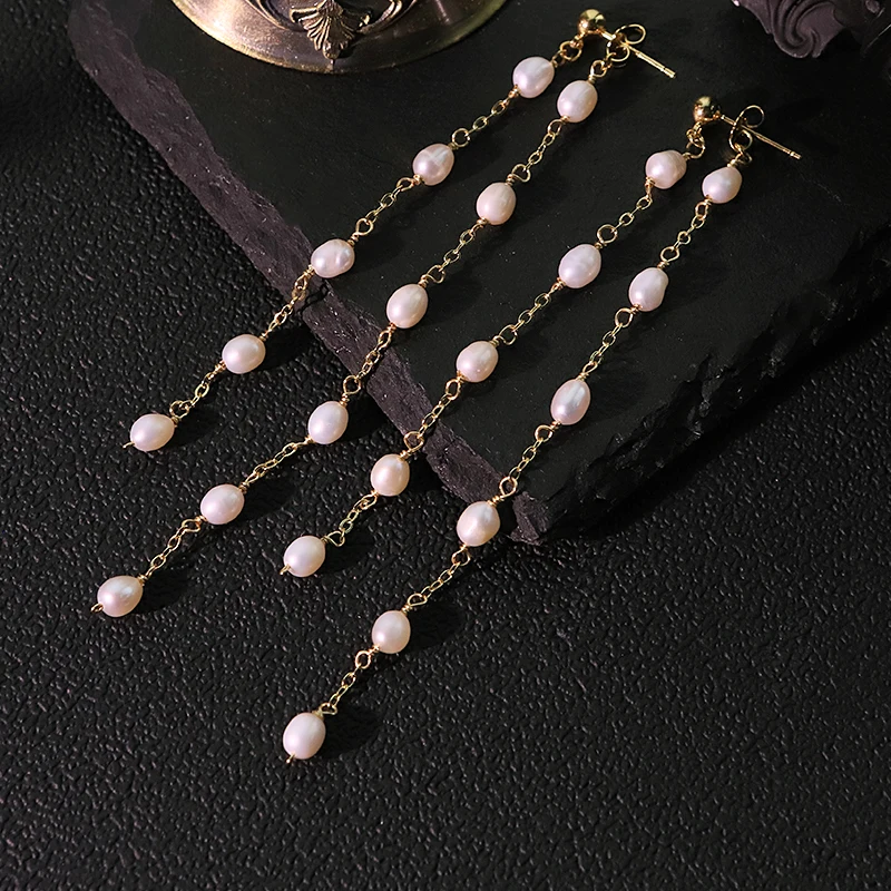 

Natural Freshwater Pearl Copper Bead Chain Earrings Handmade Design Earrings Banquet Wife Women's Jewelry GE1732
