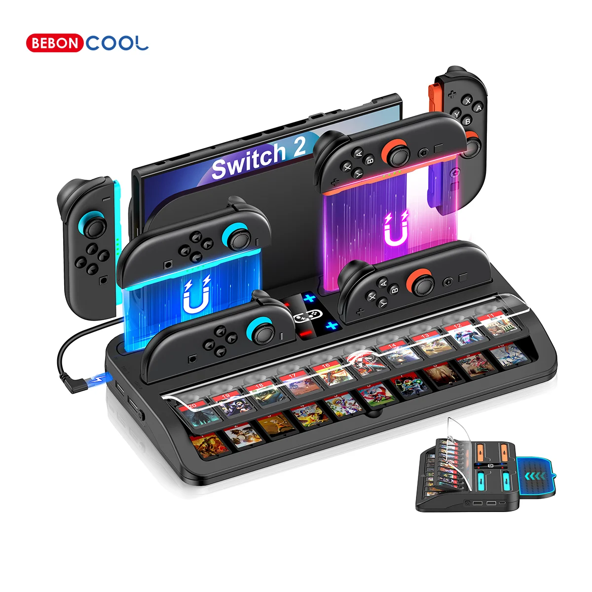 BEBONCOOL SC200 4 controller charger stand for Switch2 with 2 USB interface 2 layer storage 20 game card charge dock for switch2