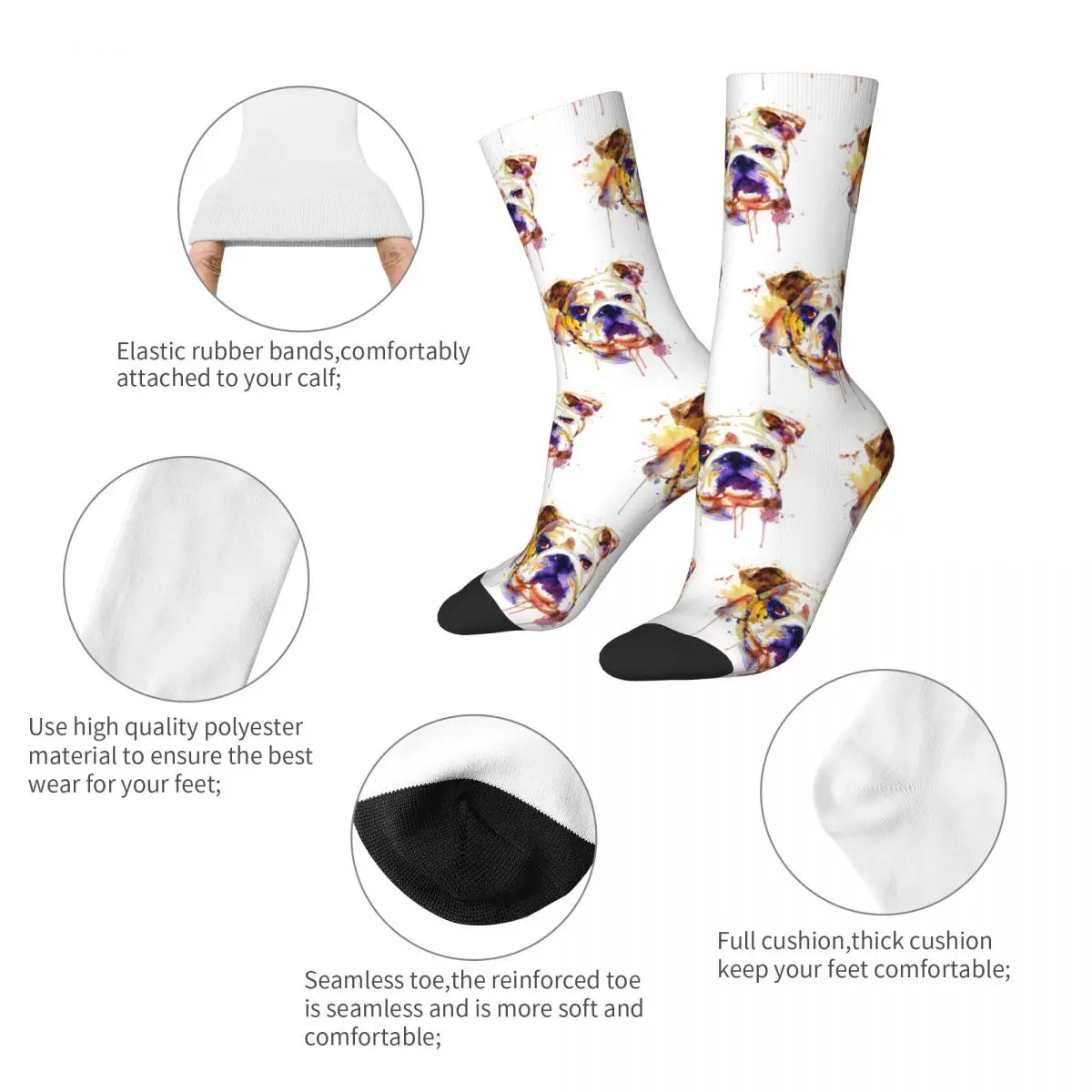 Colorful English Bulldog Head Watercolor Dog Skateboard Socks Polyester Middle Tube Socks for Women Men Sweat Absorbing