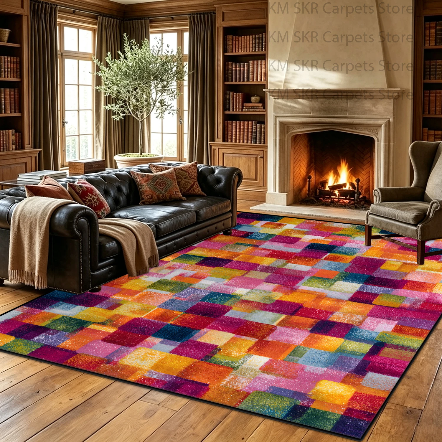 Bohemian Color Block Living Room Carpet Antiskid Washable Bedroom Area Rug Korean Style Soft Plush Office Floor Mat Customizable