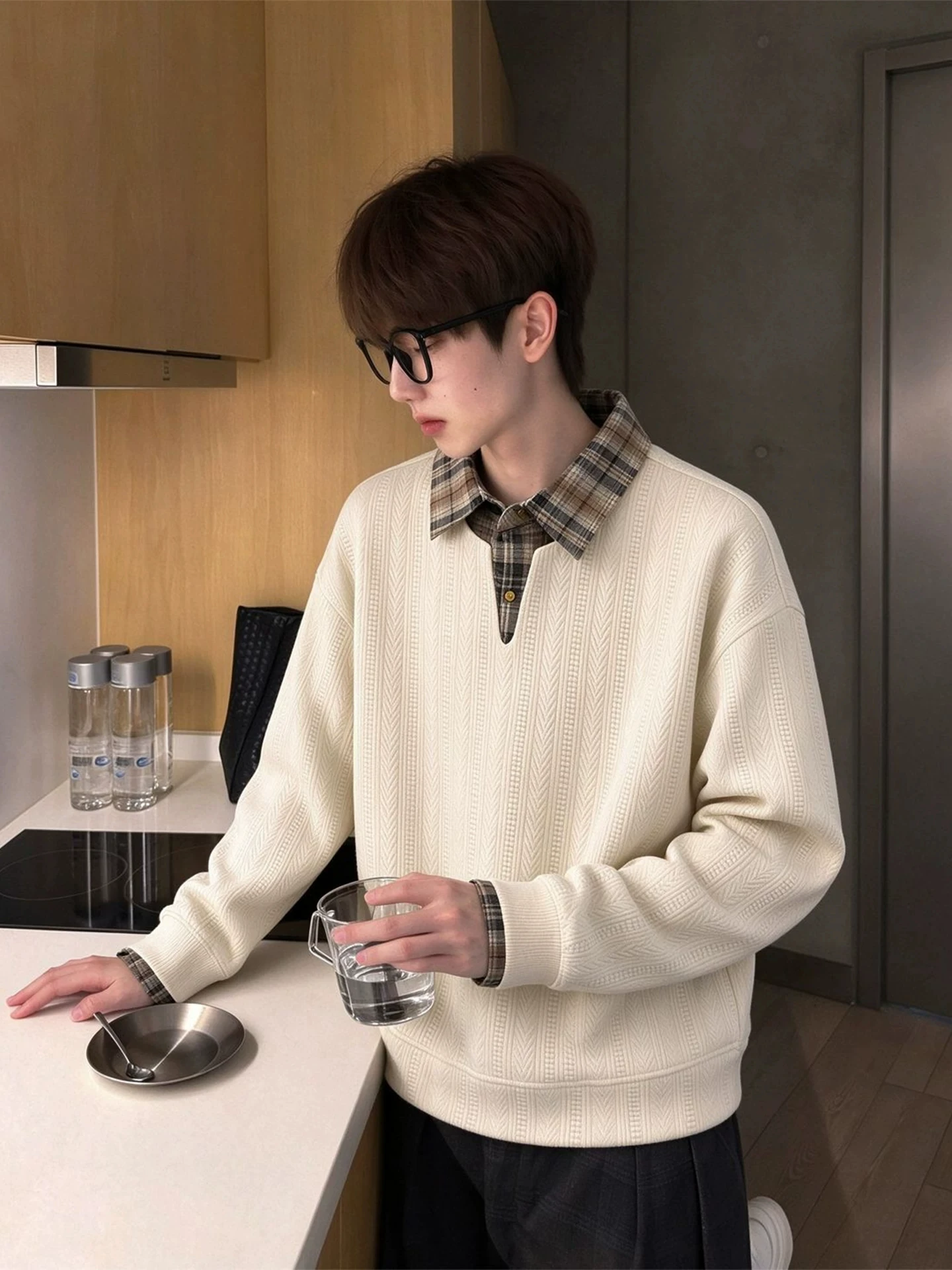 American Retro Wheat Ear Pattern Fake Two-Piece Hoodie Men's Autumn Casual Long Sleeve Turn-down Collar  Shirt