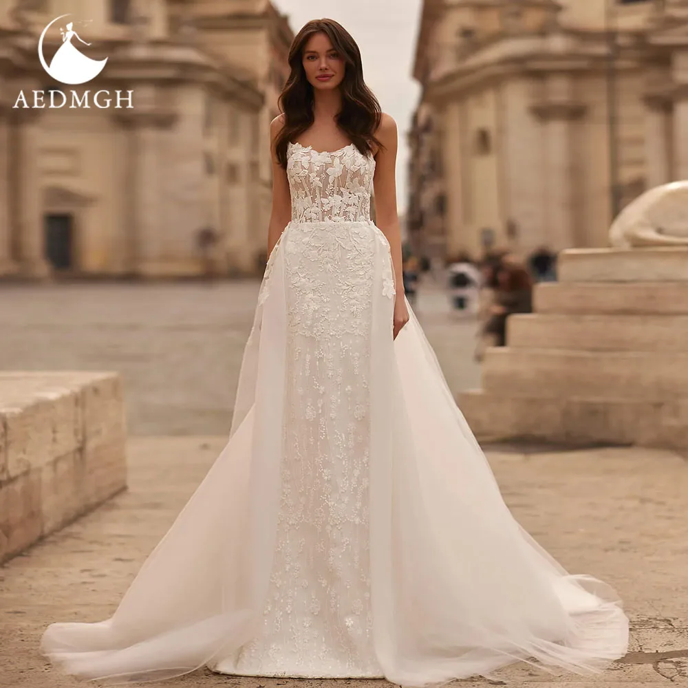 

Aedmgh Mermaid Sexy Wedding Dresses Strapless Vestido De Novia Lace Appliques Detachable Train Charming Custom Made Bridal Gown