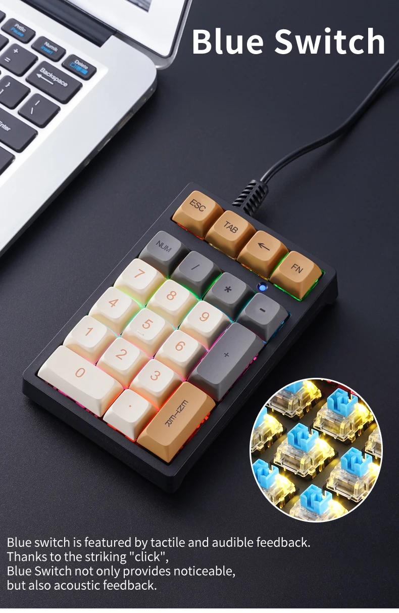 21 key Wired Mechanical Numeric Keypad with Multi-color Lights and Blue Switch Suitable for Finance, Business, Laptop Users