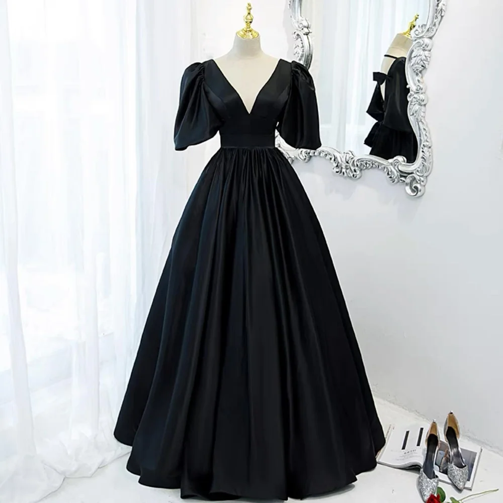 Mignon Satin A-line Prom Gown V-Neck Evening Cap Straps Floor-length Ruffle Formal BowElegant Party Dress for Women 2023