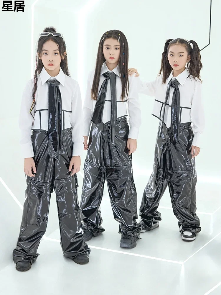 2025 New Jazz Dance Costumes Girl White Lapel Tops Loose Leather Pants Suit Festivals Hip Hop Dance Performance Clothes