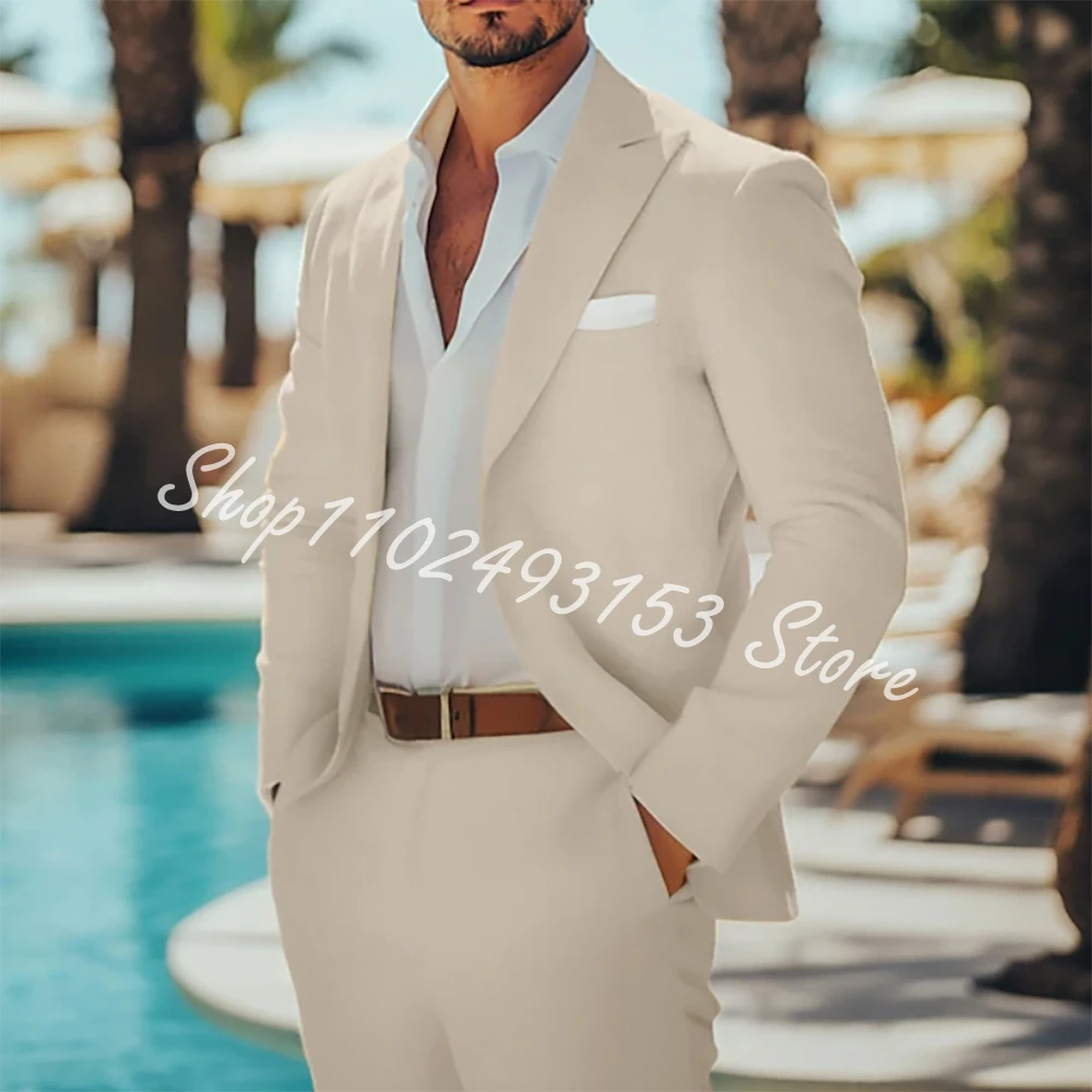 

Beige Summer Linen Suits For Men Casual Slim Fit Blazer High Quality Custom 2 Piece Suits Jacket Pants Trajes De Hombre