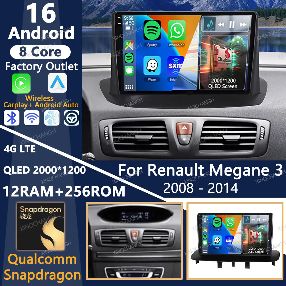 Android 16 Car Radio For Renault Megane 3 2008 - 2014 Head Unit QLED 4G WIFI 2DIN Multimedia Stereo Video Player GPS Qualcomm BT