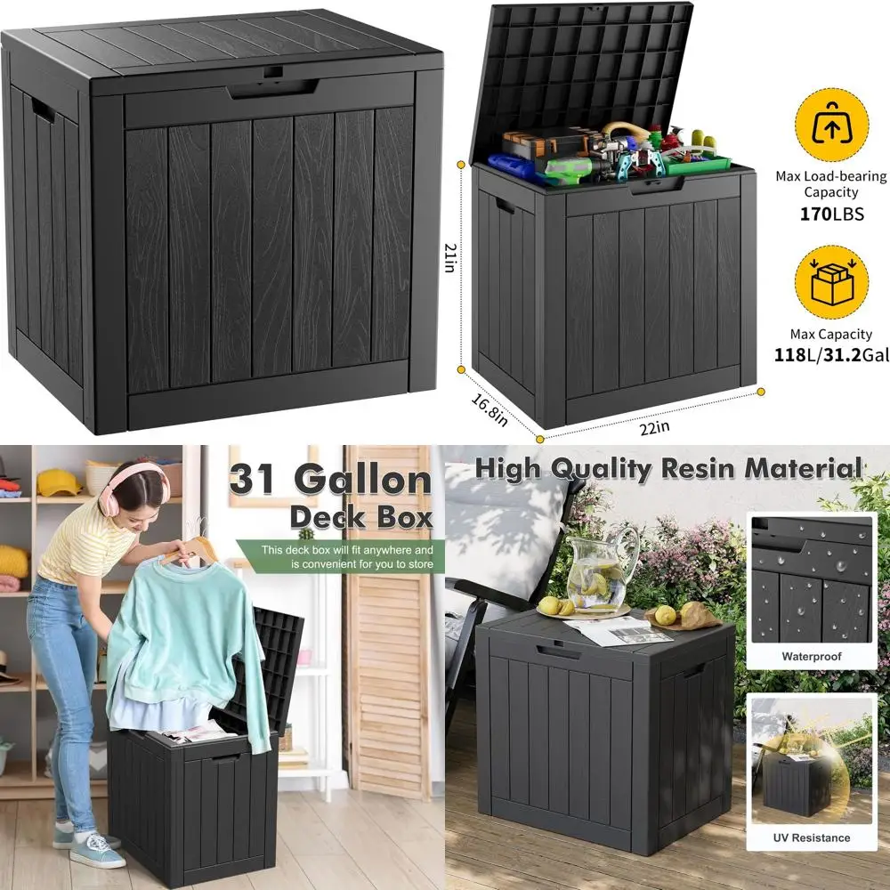 

Водонепроницаемый ящик для хранения на открытом воздухе, 31 галлон, запираемый, серый полосатый для садовых инструментов и подушек