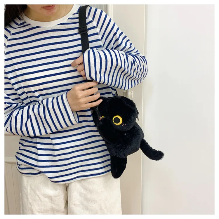 Schwarze Katze Rucksäcke Große Augen Kätzchen Puppe Plüsch Kawaii Kuscheltiere Umhängetasche Große Kapazität Stofftier Mode Umhängetasche – Detail 8