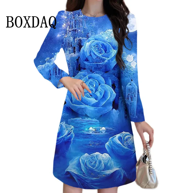 Blue Rose Flower Dress Elegant Women Long Sleeve Loose Dress Oversized Female Clothing Casual 3D Print Party Mini Dress Vestidos