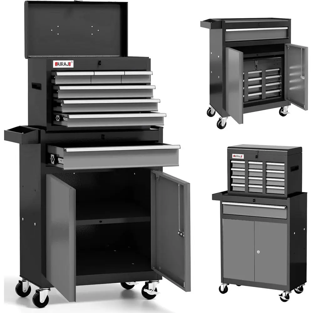 

Высокий передвижной ящик для инструментов (40 дюймов) со съемной металлической крышкой, шкаф для хранения в гараже, для ремонтных мастерских и складов, включает крючки, линейку