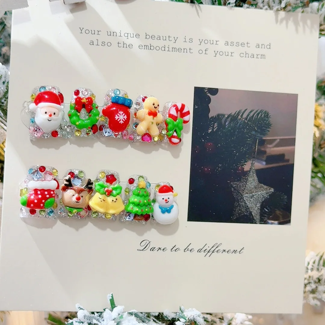 

10 шт., рождественские тематические наклейки для дизайна ногтей, полная дрель, Санта-Клаус, олень, рождественская елка, снеговик, милые съемные носимые ногти