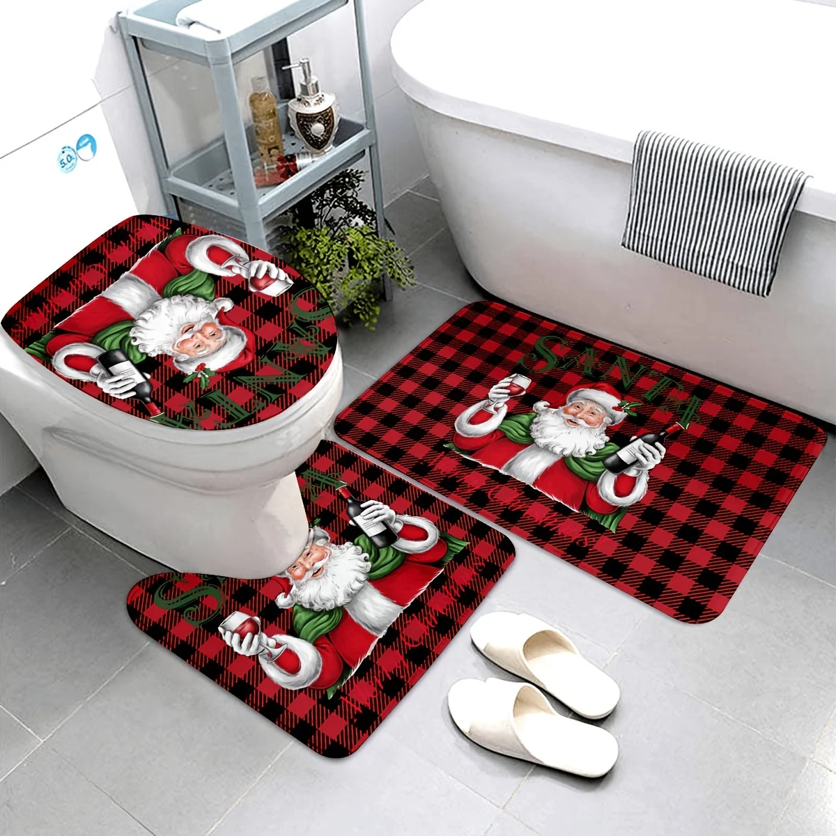 3pcs Santa Claus Bath Mat Set with Toilet Lid Cover + U-Shaped Floor Mat, Non-Slip Machine  Christmas Decor for Bathroom