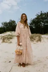 Women Printed Lantern Sleeve Long Dress Summer Loose V Neck Swing Dress Bohemian Holiday Beach Sundress