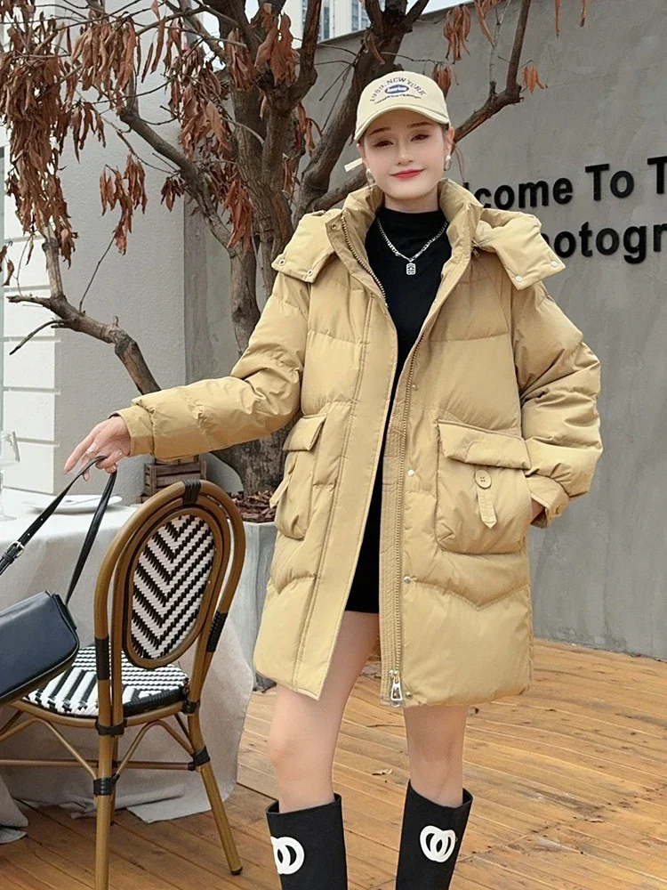 Chaqueta de plumón de longitud media con capucha de invierno impermeable con bolsillo grande Parker prendas de vestir para mujer chaquetas de plumón con cremallera de pato blanco JJ1110