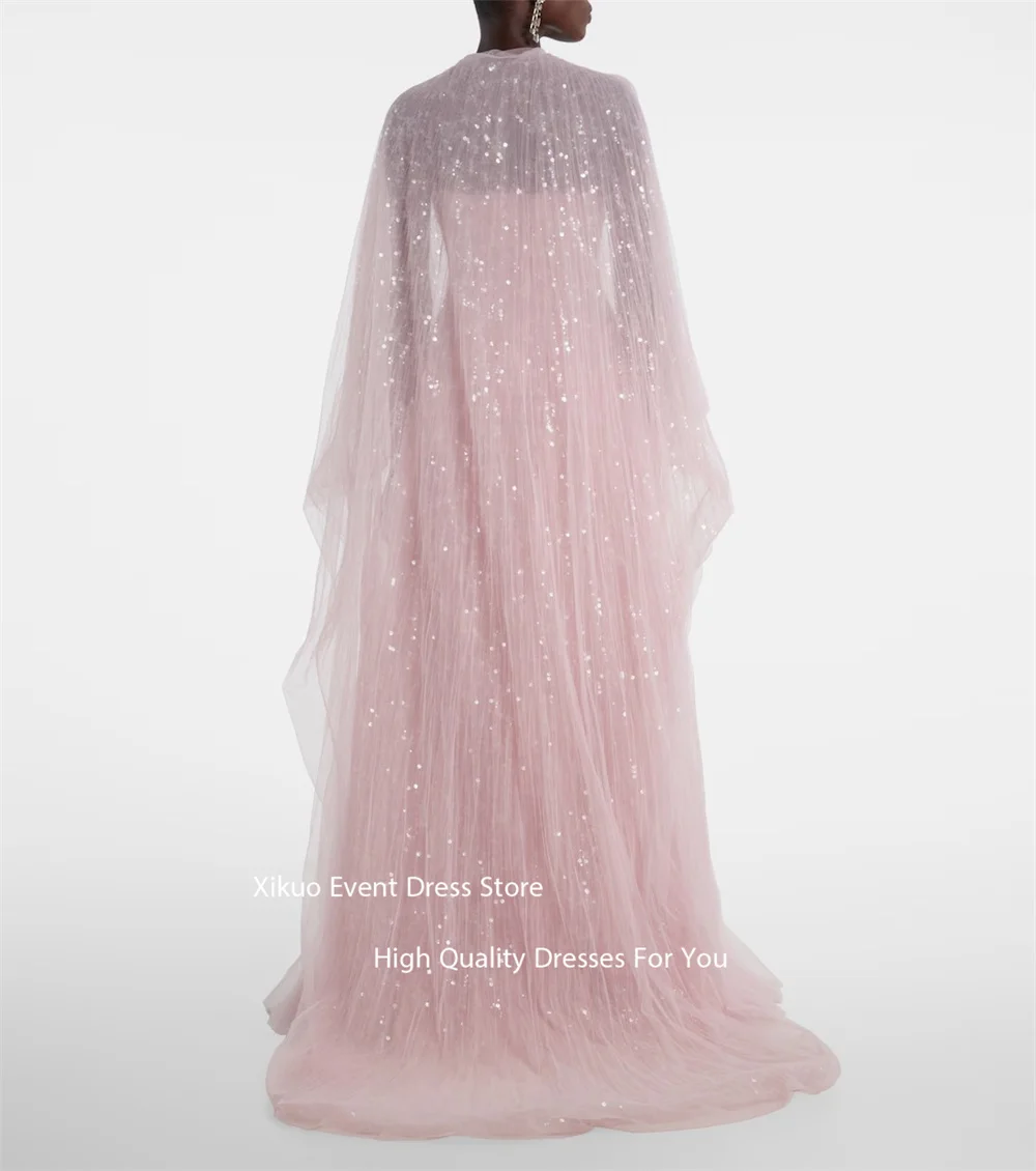Xikuo كريستال مطرزة كيب الأكمام فساتين السهرة الوردي ألف خط Vestidos De Fiesta Ruched حمالة فساتين المشاهير مخصصة