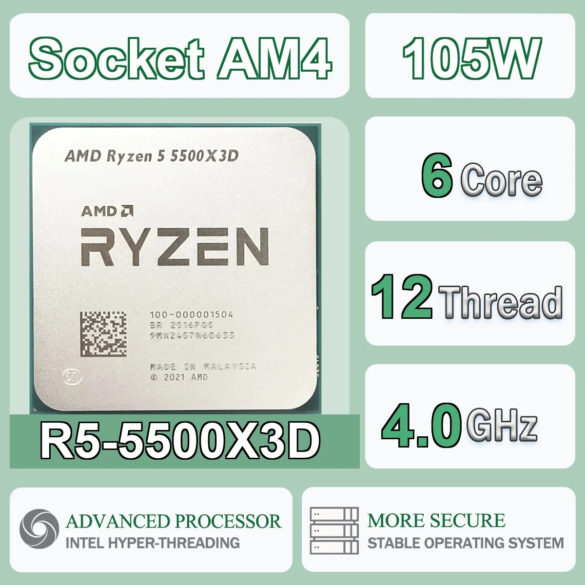 AMD Ryzen 5 5500X3D 6-Kern 12-Thread 7NM 3,0GHz/4,0GHz L3=96MB 105W CPU Gaming-Prozessor Sockel AM4 DDR4 NEU Ohne Kühler Ohne Lüfter