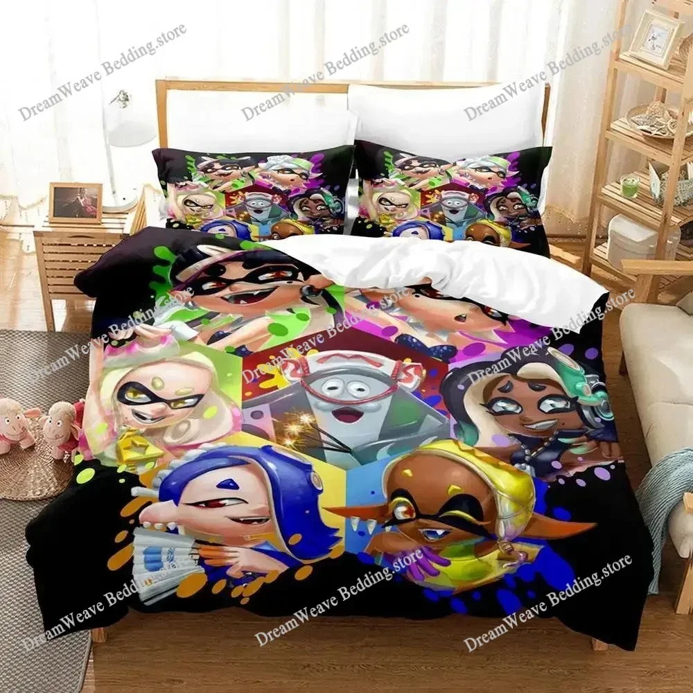 Kawaii Game Splatoon 3 Bedding Set Single Twin Full Queen King Size Bed Set Adult Kid Bedroom Duvet Cover Sets Bed Sheet Set 5