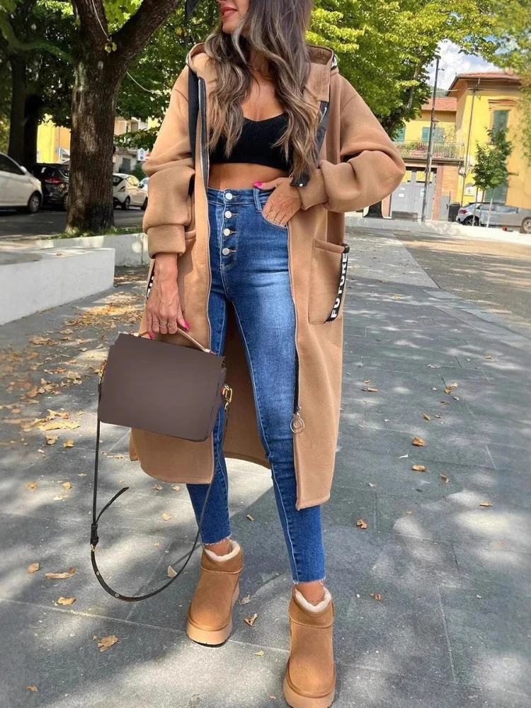 2024 herbst/Winter Mode Neue frauen Elegante Lose Warme Mantel Spleißen Casual Pendeln Stil Mit Kapuze Strickjacke Zipper Hoodie