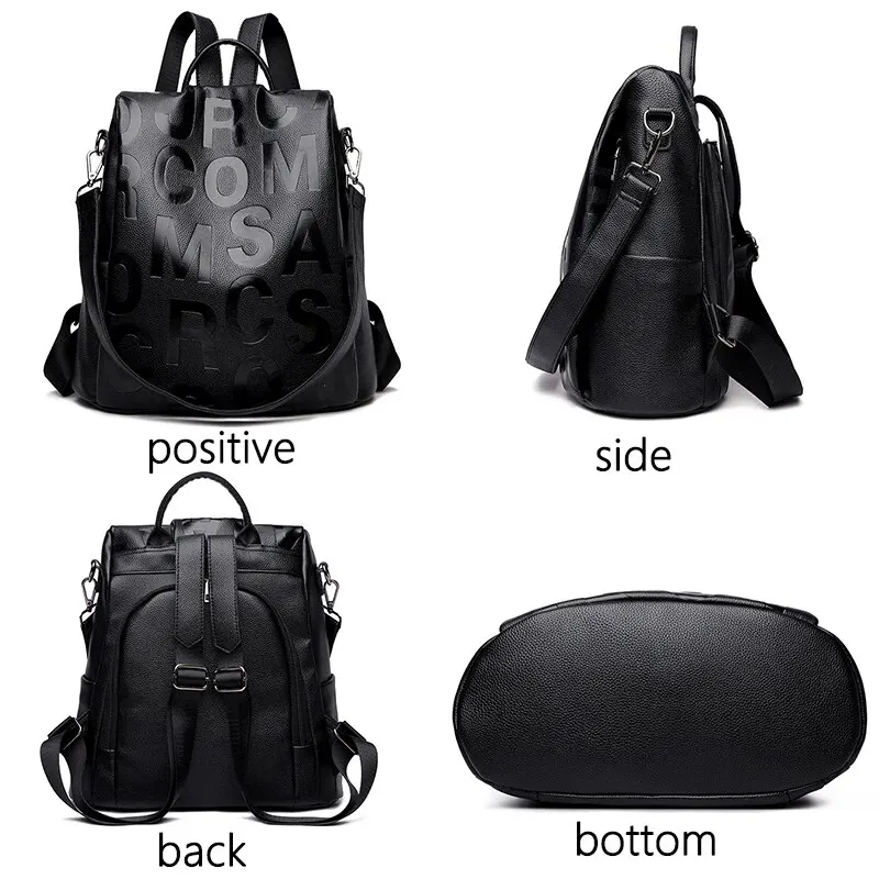 Fashion Letter Women\'s Anti Theft Backpack High Quality PU Leather Female Shoulder Bags Waterproof School Bag For Girl Mochila