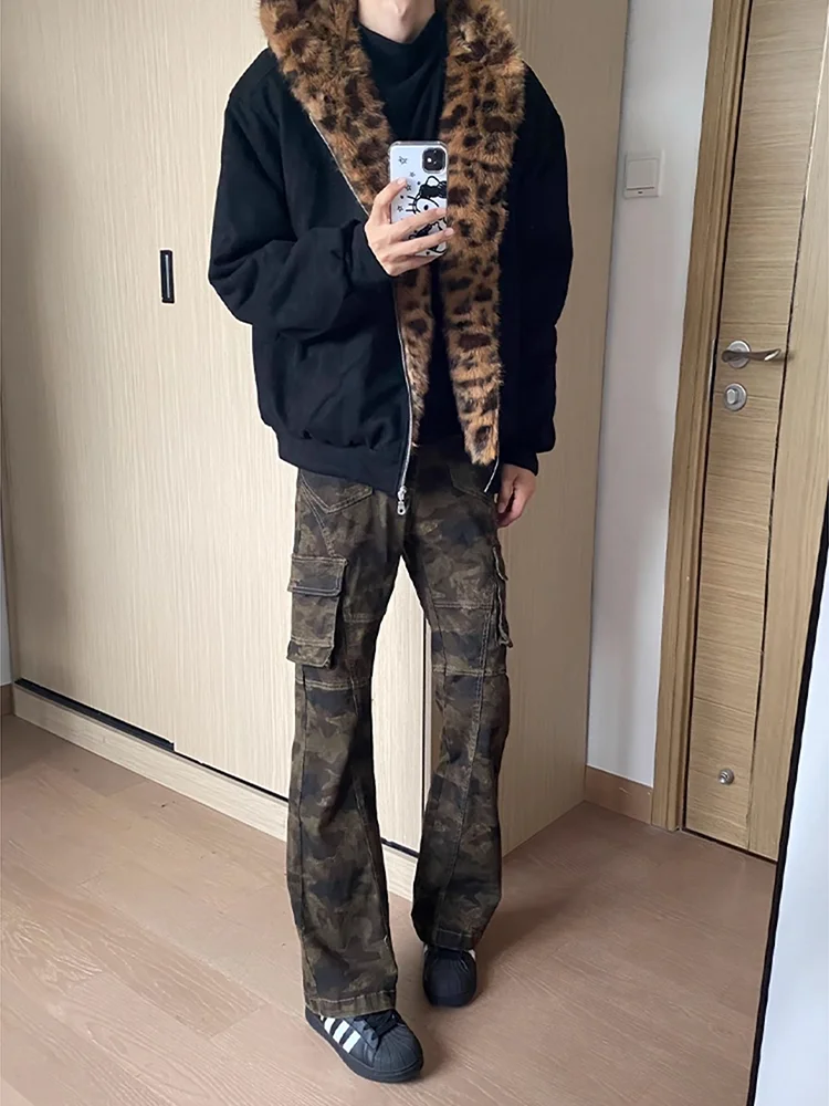 

Американские ретро-джинсы-клеш с камуфляжным принтом для мужчин и женщин, прямые, зауженные, в стиле High Street, рабочие брюки, молодежные, со средней посадкой, с эффектом потертости