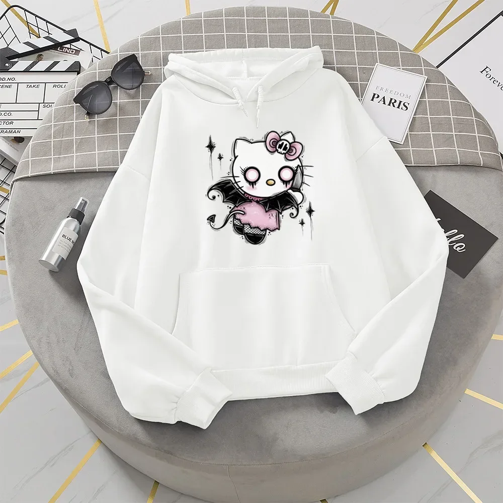 Suéter con capucha con patrón de gato Kawaii para mujer, sudaderas con capucha lindas de manga larga, Tops holgados de gran tamaño, abrigo para