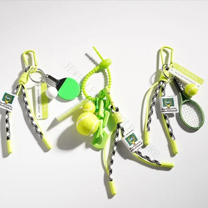 R7UF Artistic Green Sports Keychain Pendant Handwoven Rope Tennis Ball Theme Backpack Decoration Decorative Item