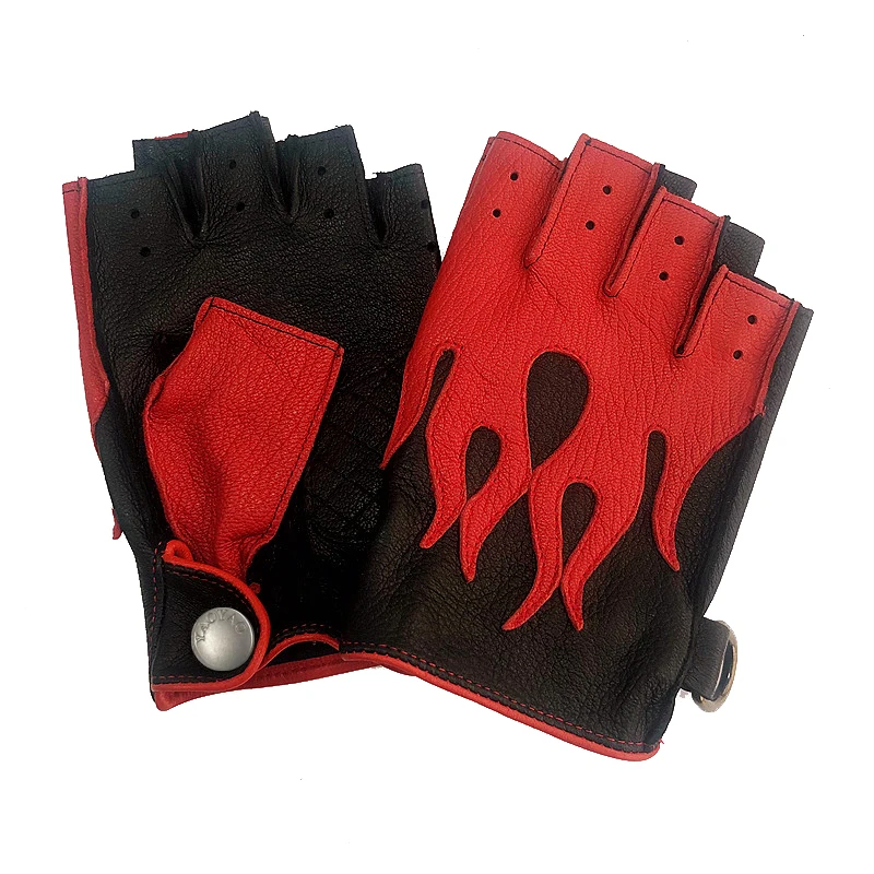 Men\'s Deerskin Gloves 2023 Spring NEW Locomotive Cycling Retro Thin Mittens Male Half Finger Color Blocking Flame Leather Luvas