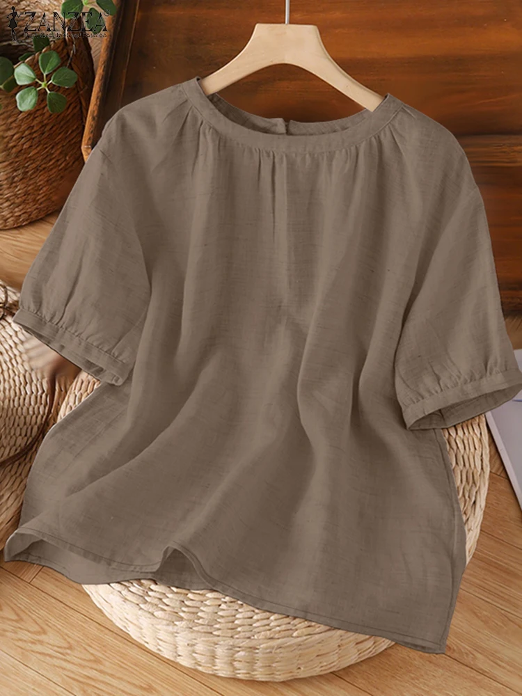 2025 ZANZEA Camicette estive Donna Elegante camicia da lavoro solida Casual Manica corta O Collo Blusas Mujer Ufficio femminile OL Top Oversize