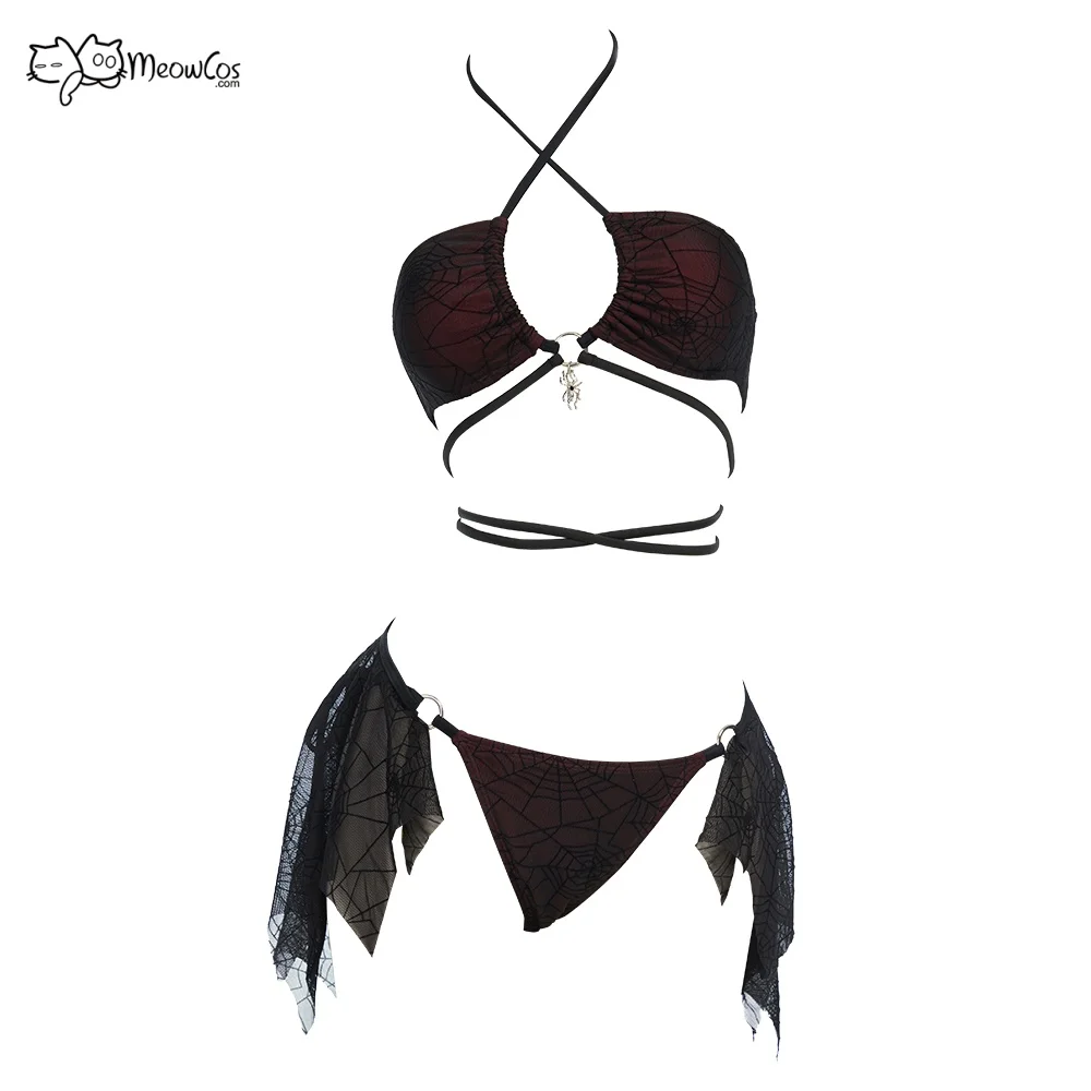 

MEOWCOS Women Gothic Swimsuit Spider Web Design Two Pieces Dark Style Swimwear Set