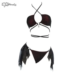 MEOWCOS Women Gothic Swimsuit Spider Web Design Two Pieces Dark Style Swimwear Set