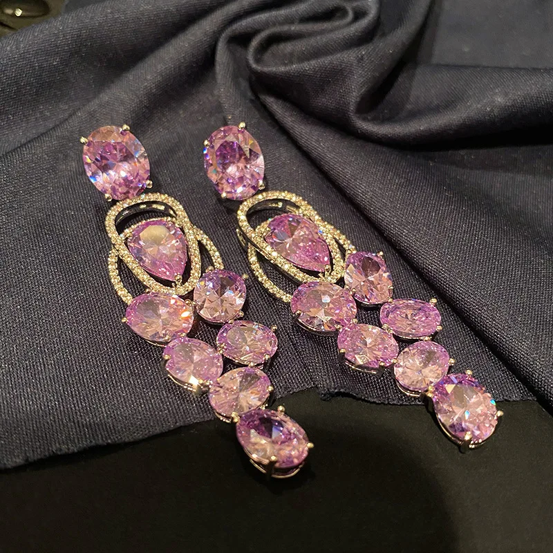 925 Silver Needle Simple and Serene Retro One-string Purple Grape Earrings with Large Zirconia Earrings