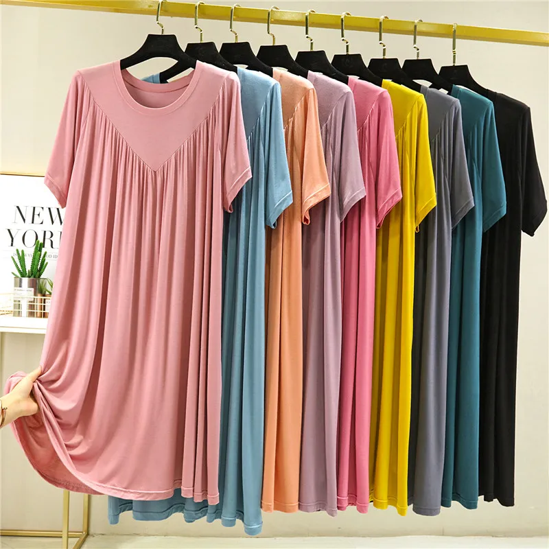 

Loose A-Line Midi Dr Summer plus Size Women's Outerwear Pleated ort Sve Thin Modal Fiber Korean Sle round Ne S...