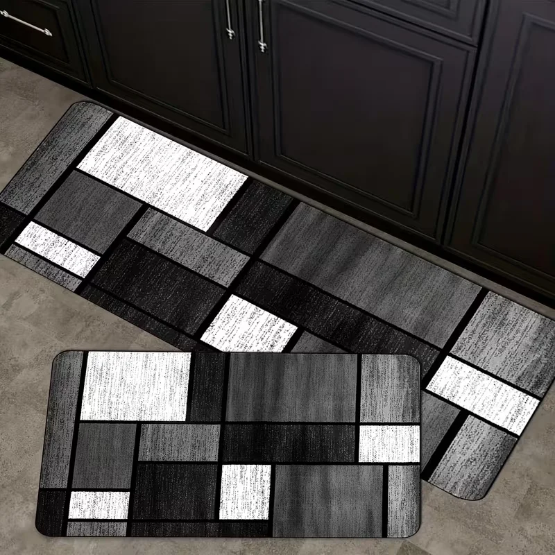 Minimalist Grayscale Patchwork Graphic Rug Non Slip for Dining Room Laundry Room Porch Corridor Household Decor Floor Mat