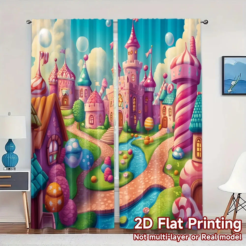 2pcs,Curtains Candy Castle Sweet Dreamscape (3) Contemporary Chic Curtains 100% Polyester Curtains Outdoor Decorations Use for