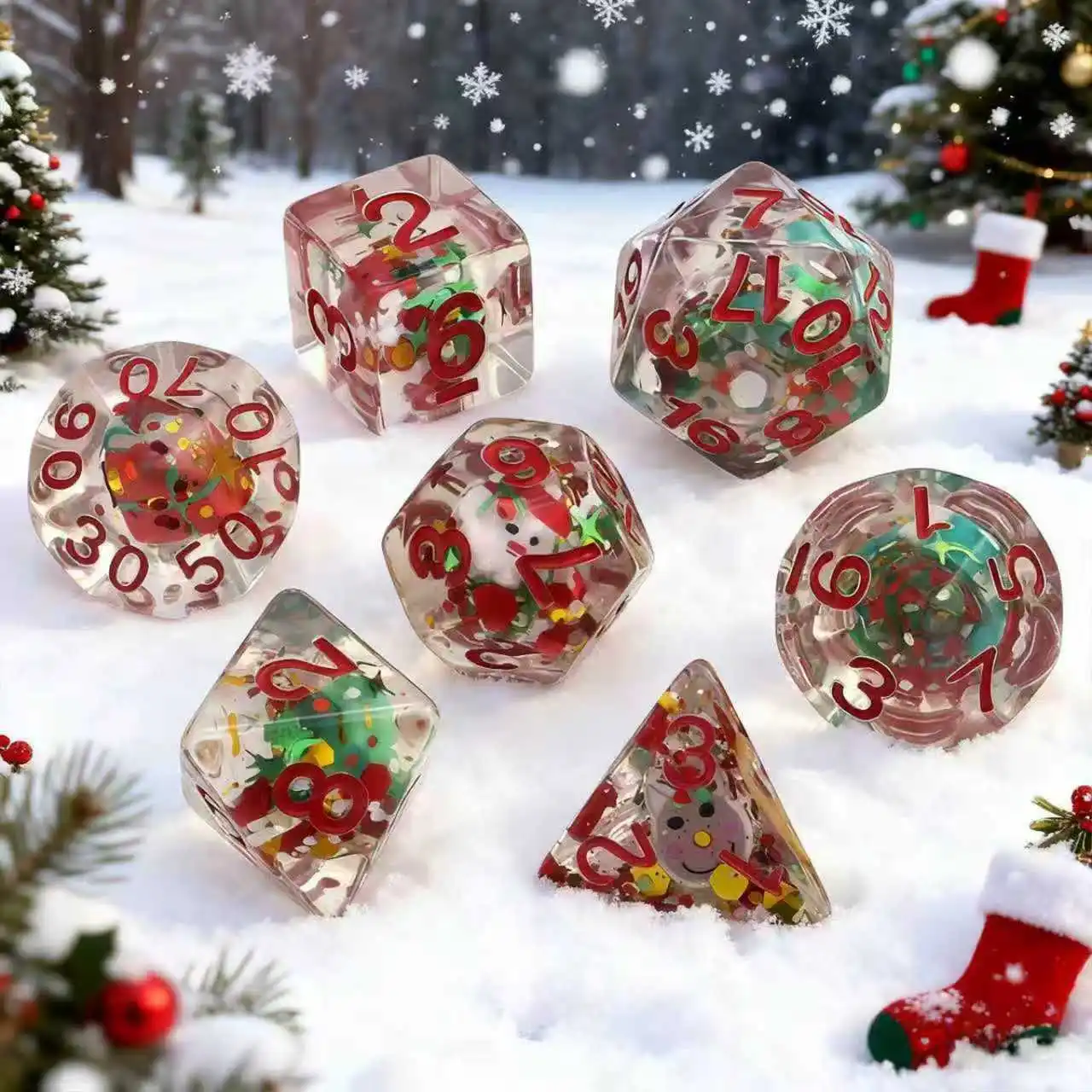 مجموعة نرد شفافة مكونة من 7 قطع مع شخصيات عيد الميلاد ثلاثية الأبعاد - لعبة عيد الشكر، لوازم الحفلات الخارجية، هدية عيد الميلاد والعطلات #1