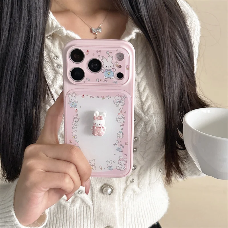 

Cute 3D Pink Rabbit Phone Case For iPhone 17 16 15 14 Pro Max Kawaii Bunny Cartoon Flip Mirror Shockproof Protective Cover