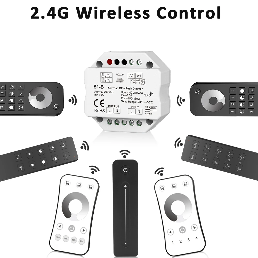 MJJC 110V 220V 230V AC Ściemniacz LED do jednokolorowej żarówki 2.4G Bezprzewodowy pilot zdalnego sterowania S1-B Ściemniacz